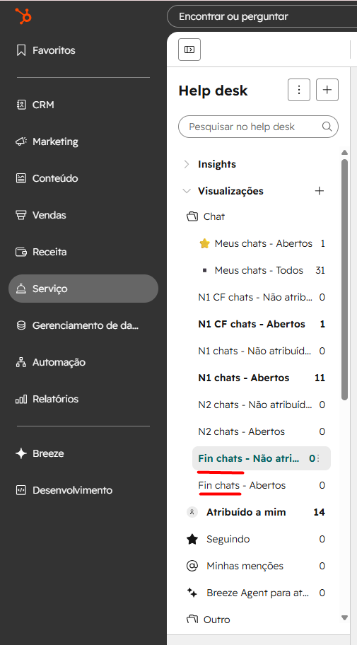 Visualizações do Help Desk com os canais do Financeiro