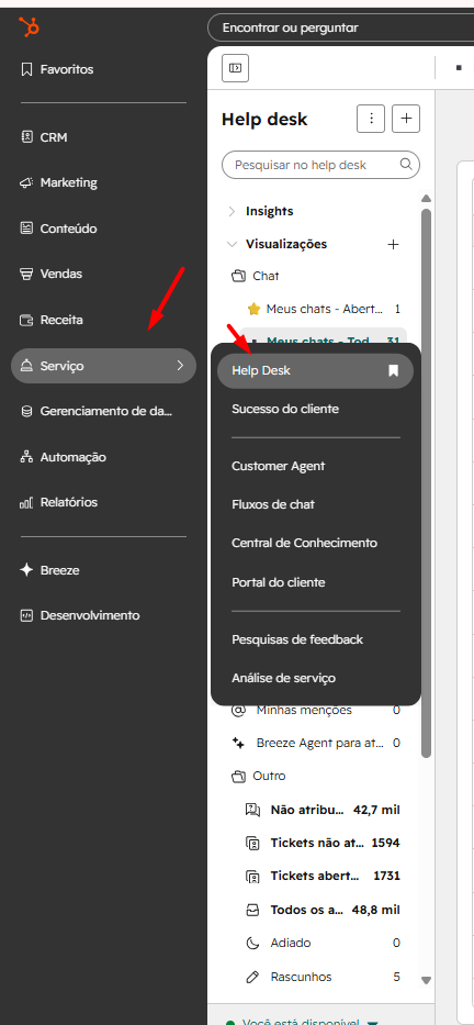 Menu Serviço com Help Desk no HubSpot