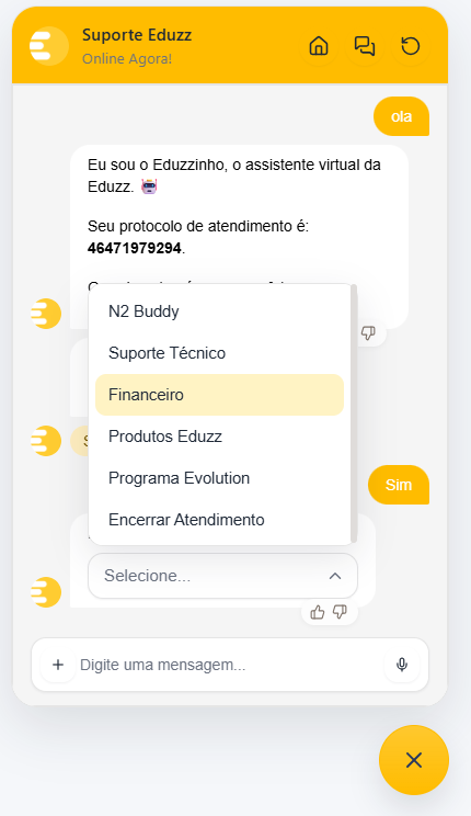 Webchat com a opção Financeiro